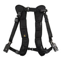 Black professional dual SLR camera shoulder strap with thick padding, shown holding two cameras.