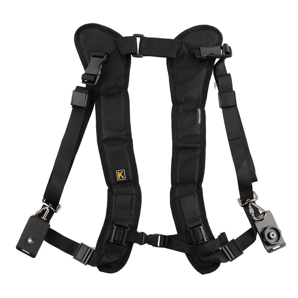 Black professional dual SLR camera shoulder strap with thick padding, shown holding two cameras.