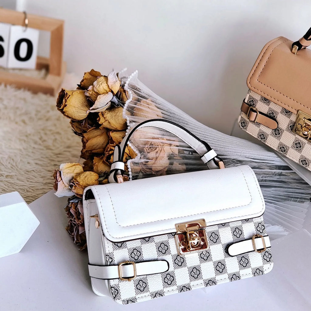 Structured small square PU crossbody bag in apricot with a retro pattern and file compartment.