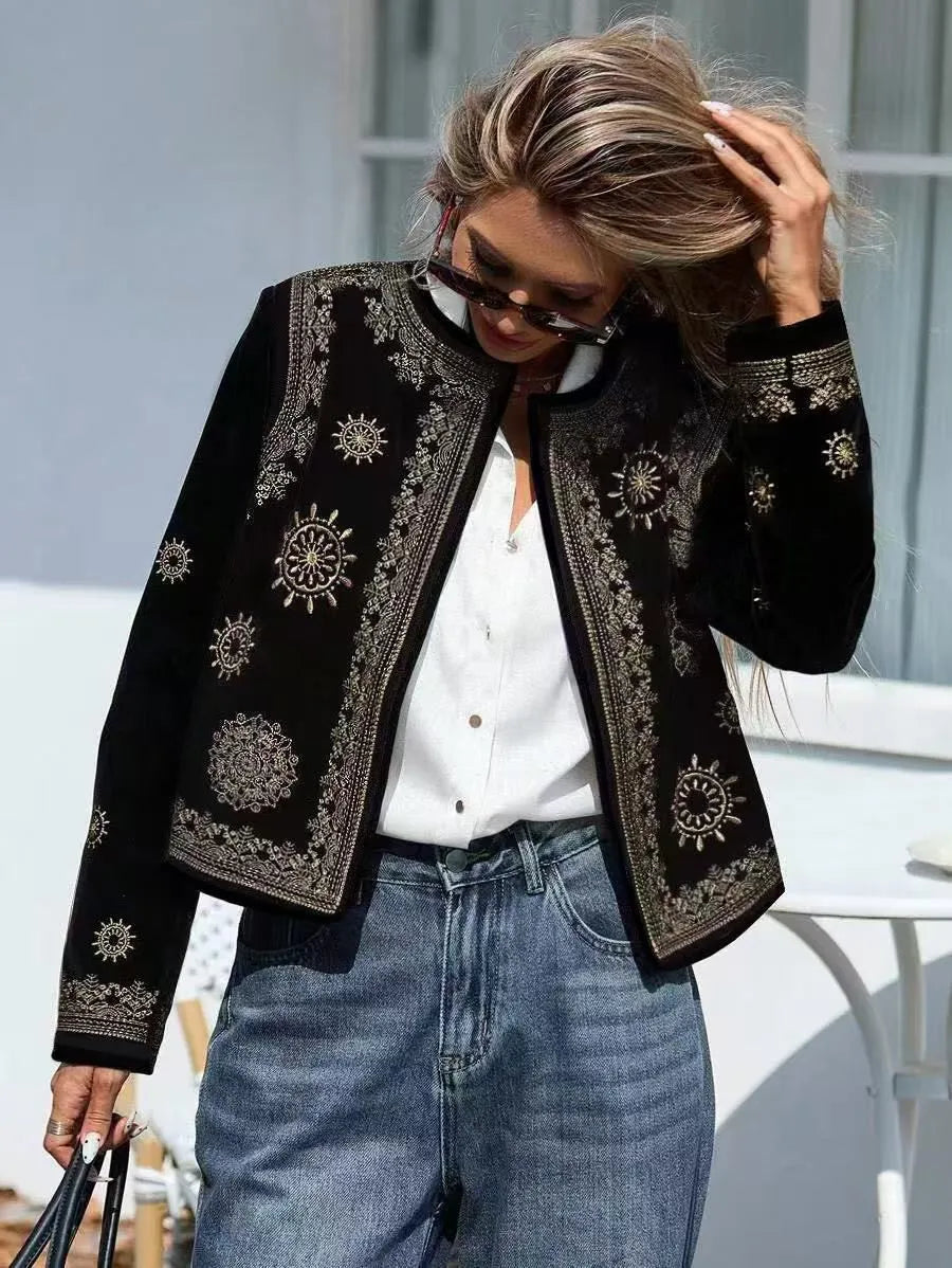 Women's casual coat round neck hooded printed long sleeve British style milk silk fabric sizes S to XXL