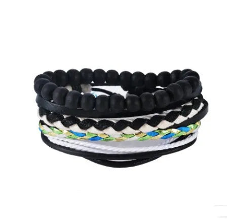 Handmade adjustable leather bead bracelet with multilayer design featuring cowhide leather, wooden beads, and woven ropes