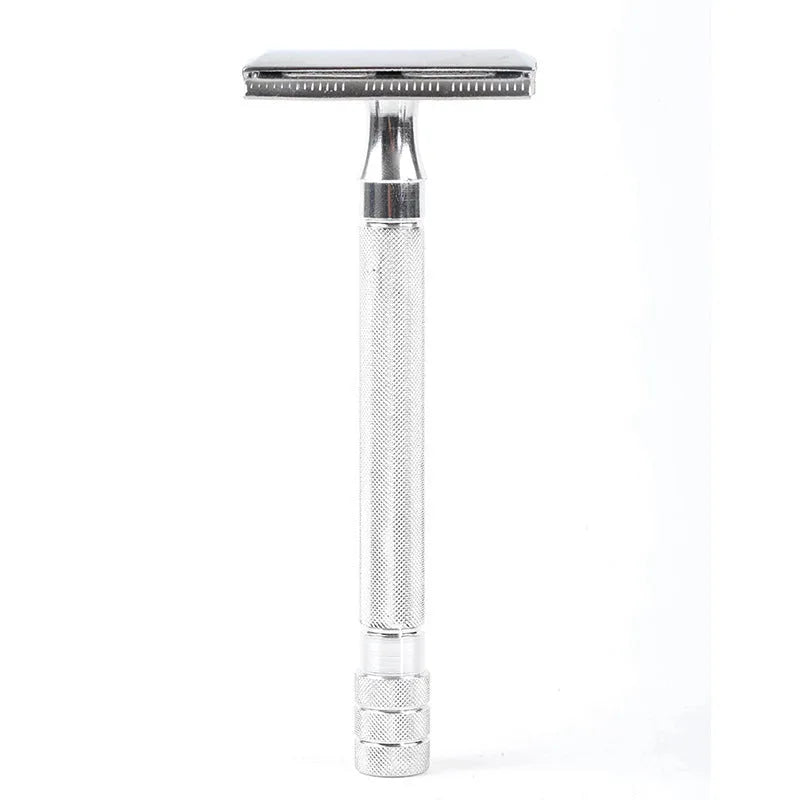Manual beard shaving tool with metal scraper and brush for traditional wet shaving