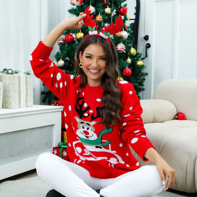 Red Christmas elk pattern long sleeve sweater for women loose pullover