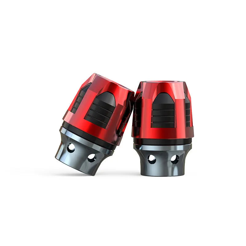 A pair of anodised aluminium fork cups for motorcycle or electric car front axles, shown in a choice of colours.
