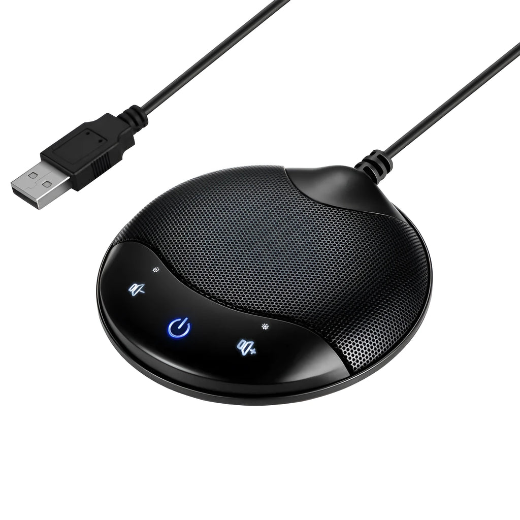 Black USB condenser microphone for computer conferencing and gaming measuring 9x9x1.7cm