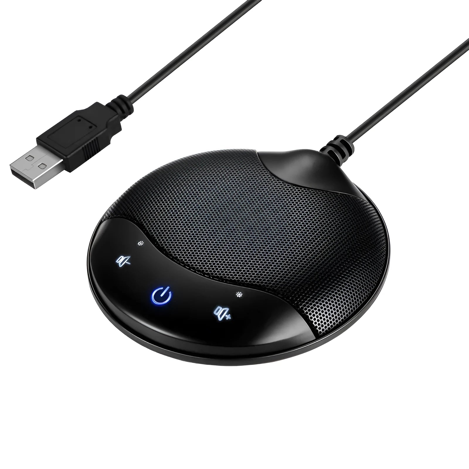 Black USB condenser microphone for computer conferencing and gaming measuring 9x9x1.7cm