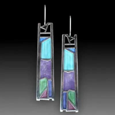 Women's silver irregular water drop earrings with oil colour effects