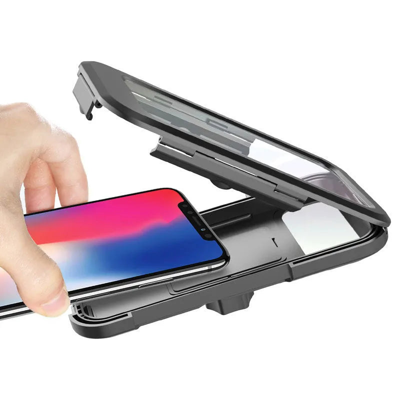 Black waterproof bicycle motorcycle phone holder with adjustable joints and magnetic suction on handlebars
