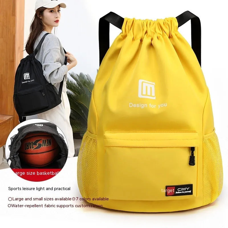 Oxford drawstring backpack in bucket shape with pull-cord closure and water-repellent fabric