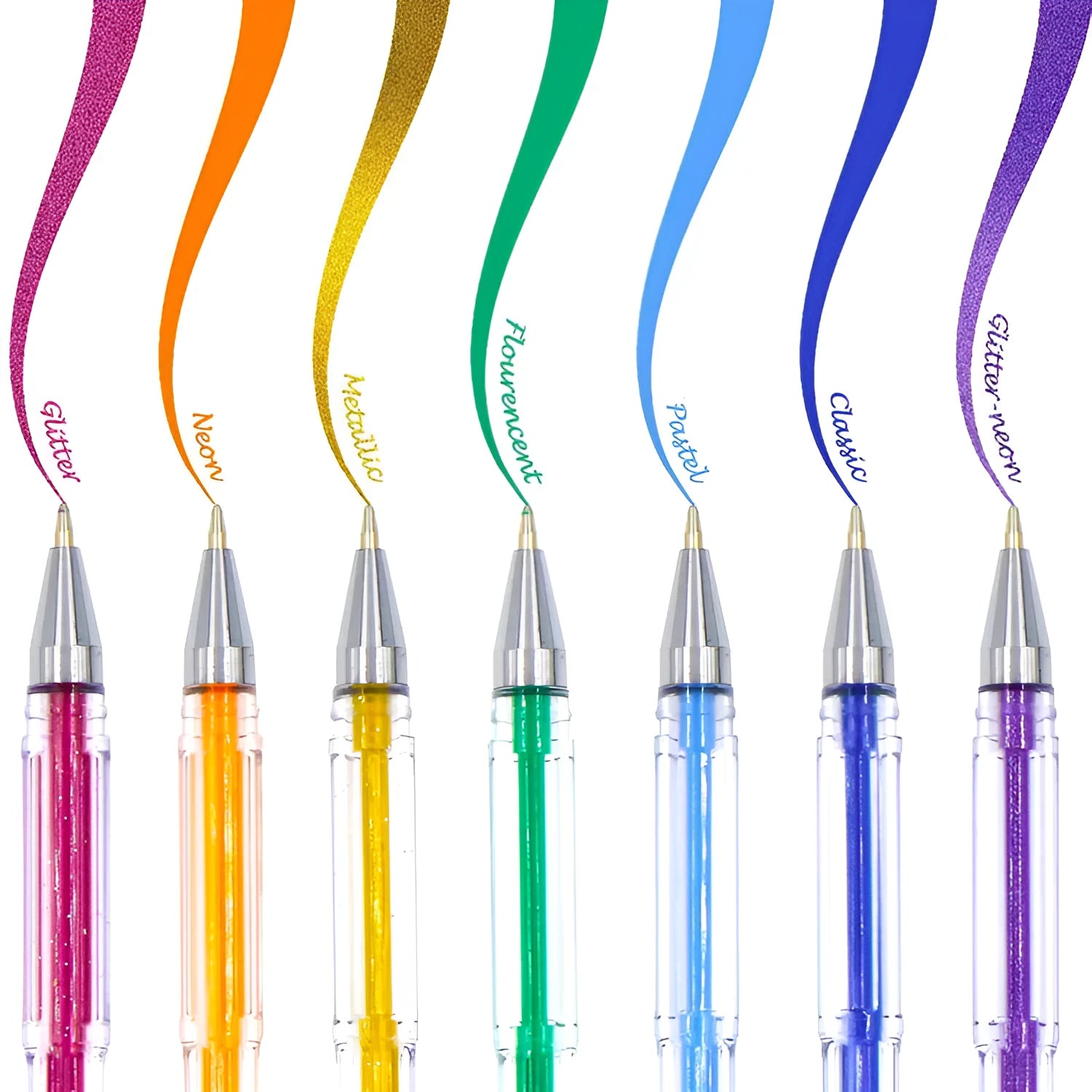Set of 100 assorted colour gel pens with dual tip sizes, showing plastic barrels.
