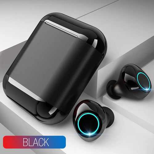 Black TWS Bluetooth wireless earphones with charging case showing wireless connection between earpieces