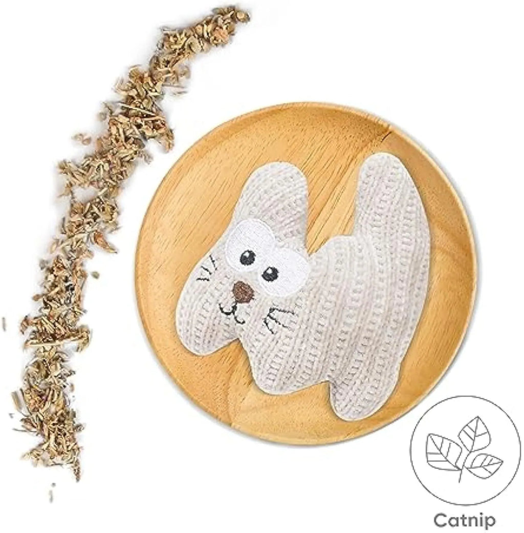 Plush rope catnip toy with bell for cats in cyan and light coffee colours