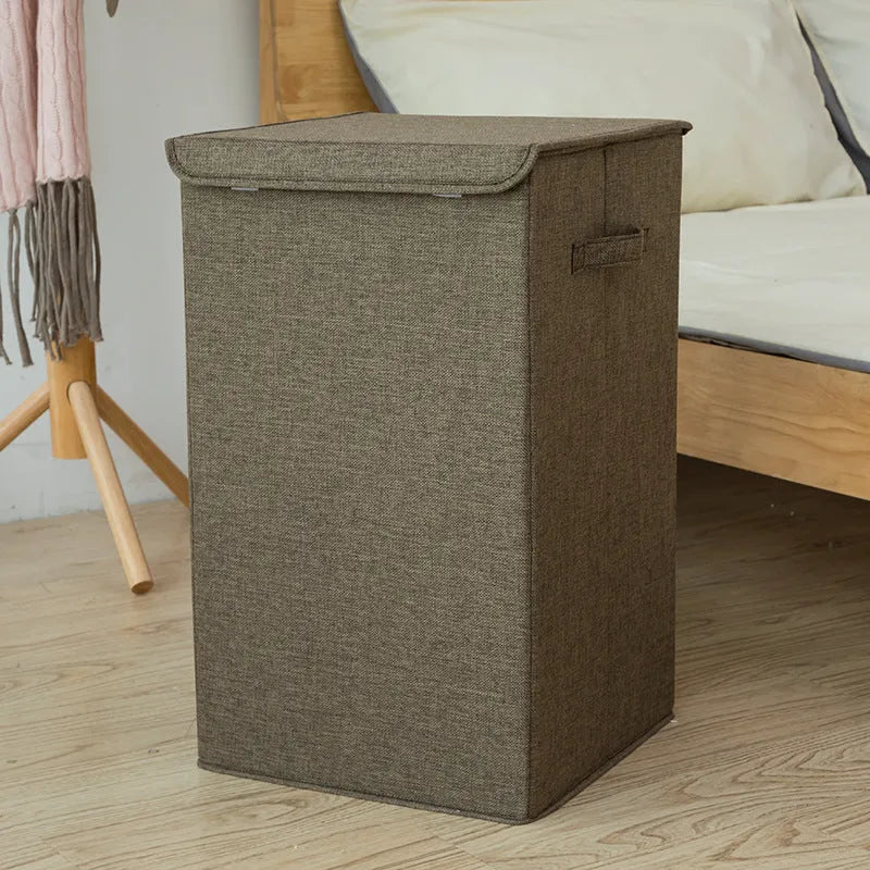 Foldable cotton and linen storage basket in three-dimensional design shown in brown colour