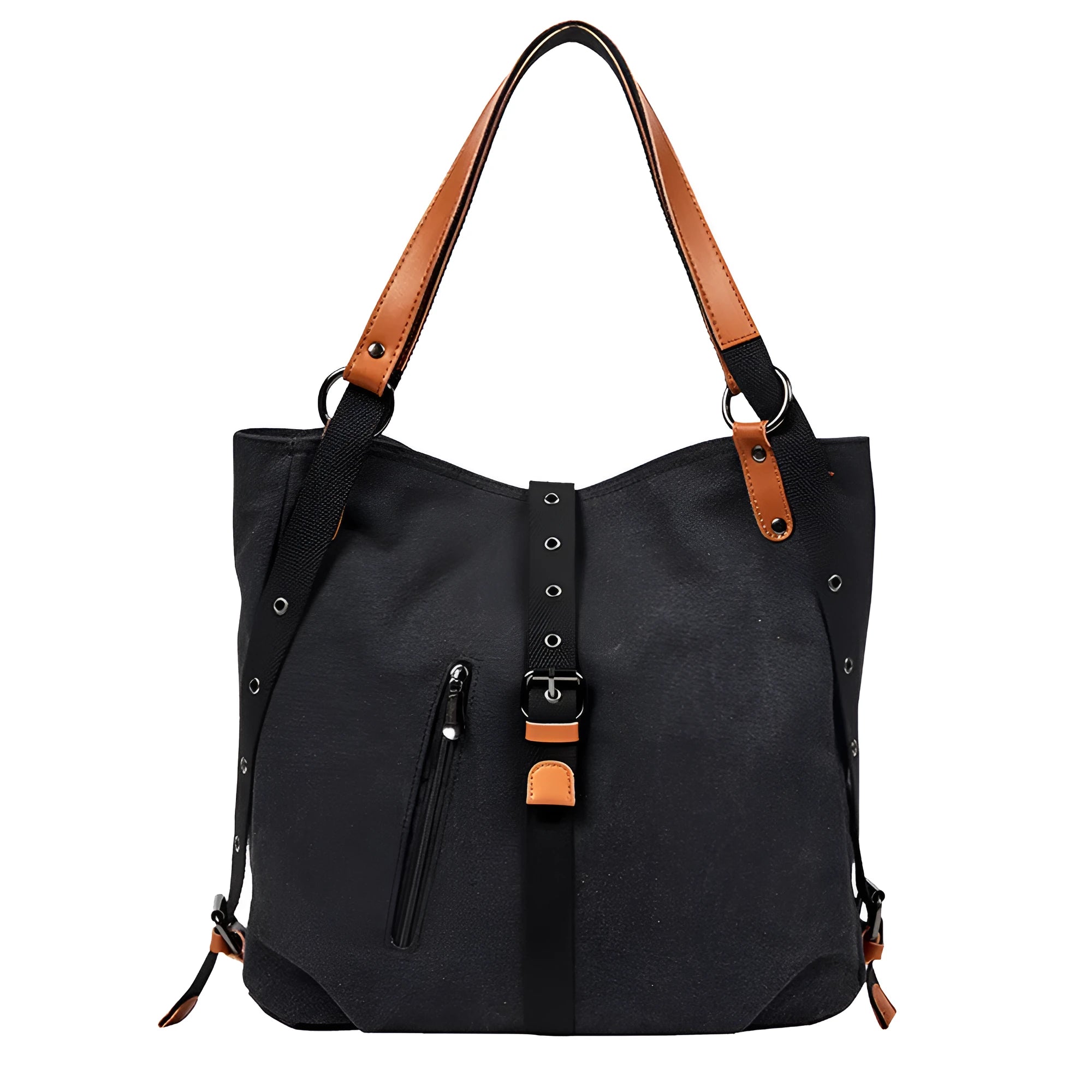 Canvas handbag with anti-theft device, woven detail, soft handle and curved shoulder strap in horizontal square shape