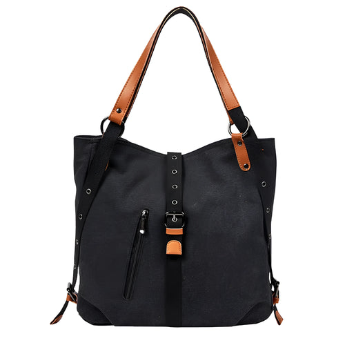 Canvas handbag with anti-theft device, woven detail, soft handle and curved shoulder strap in horizontal square shape