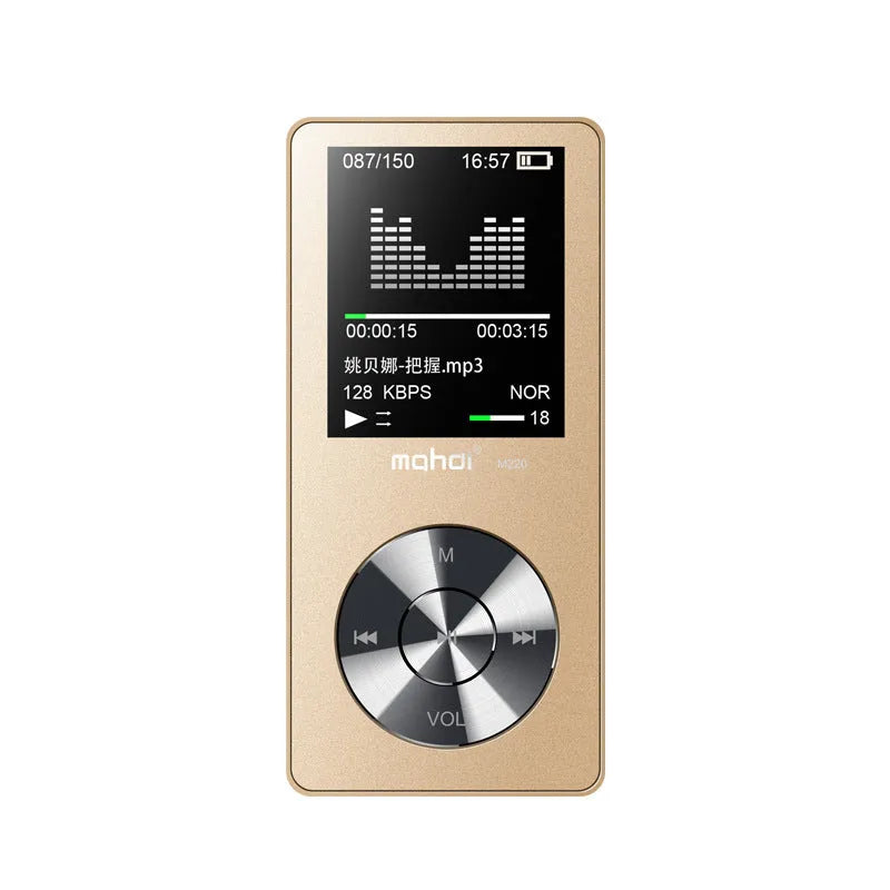 Gold portable metal MP3 music player with a 1.8-inch screen and key controls