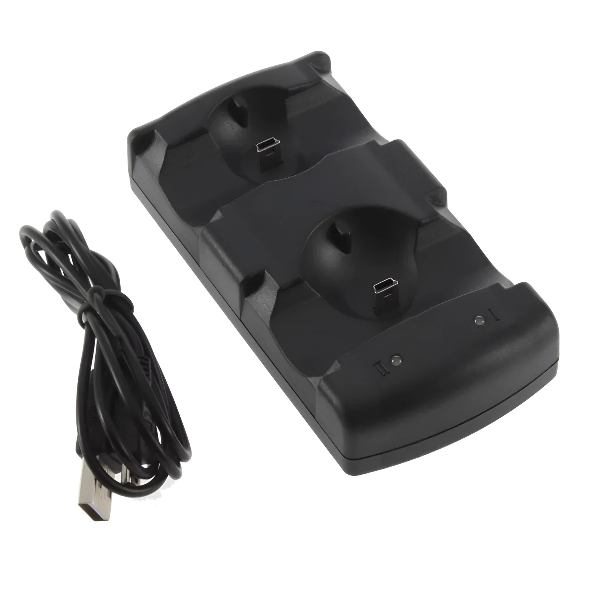 Black PS3 dual charging dock with two wireless controllers placed upright on charging pins, connected via USB cable.