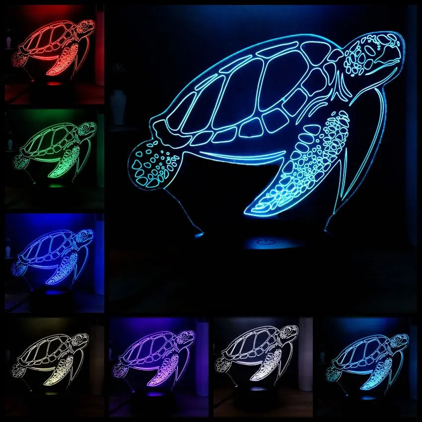 3D clear acrylic turtle-shaped LED night light with multi-coloured illumination.