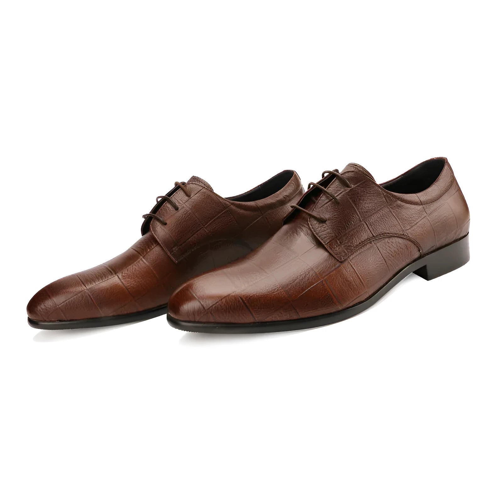 Men's black leather derby shoes with checkered pattern and pointed toe design on rubber soles