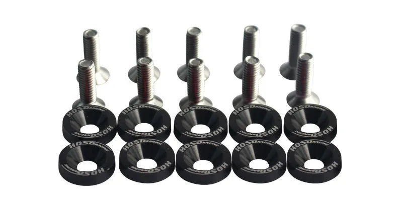 Car modification gasket screw bolt washer kit showing eight anodised colour options for engine bay customisation