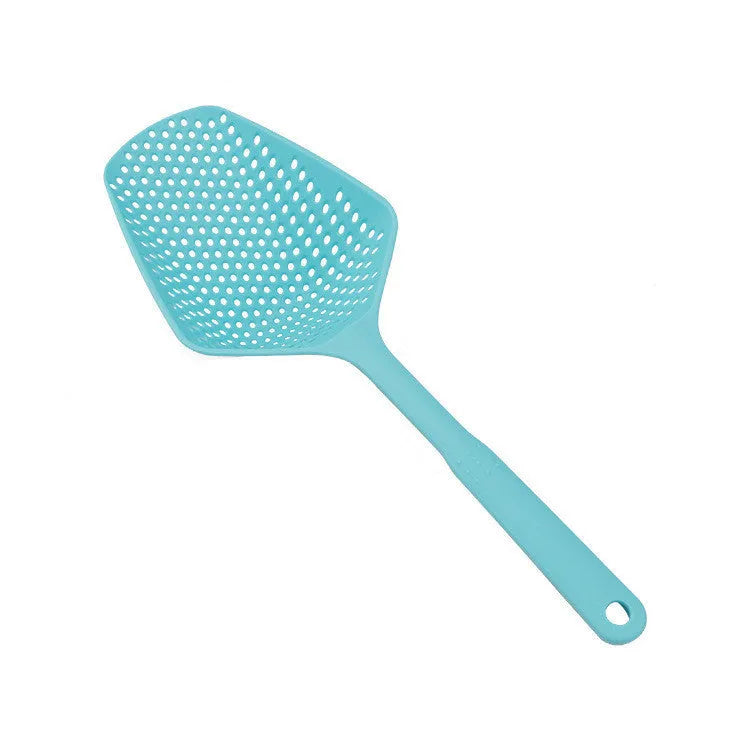 Nylon large scoop strainer colander in black for draining fried food from a pan