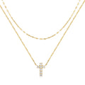 S925 sterling silver double layer twin diamond cross pendant necklace on a clavicle chain.
