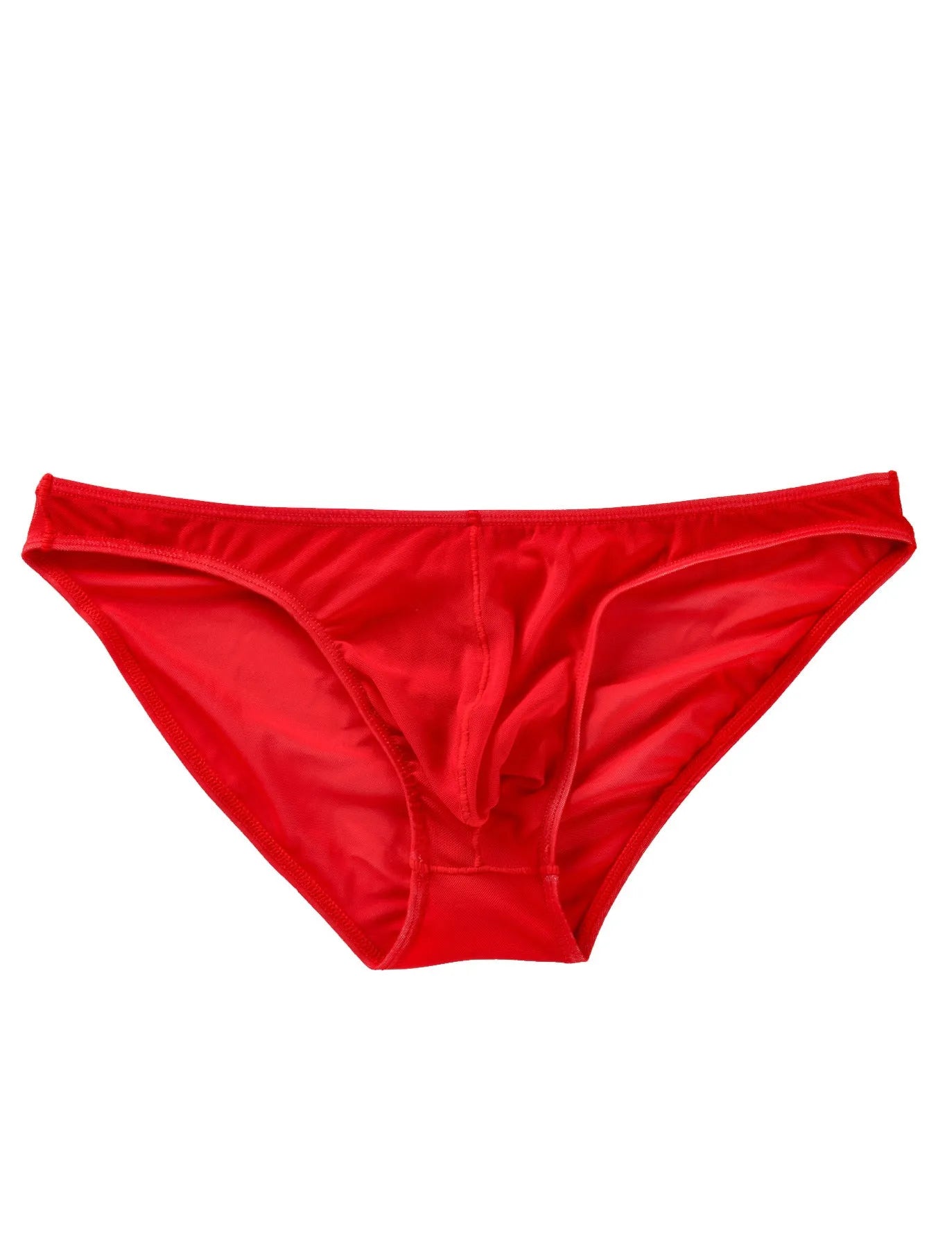 Men's black low-waist nylon briefs laid flat, showing triangle front design and knit fabric texture.