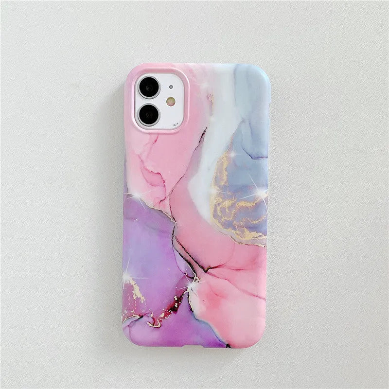 Cartoon marble pattern TPU back cover case for iPhone on a blue powder background.