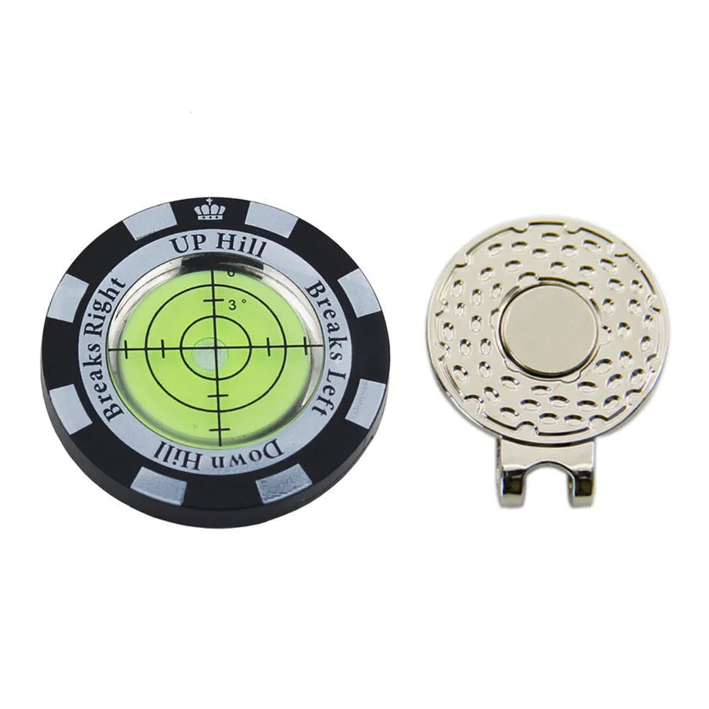 Golf level hat clip measurement tool with green level face and position marks in six colour options