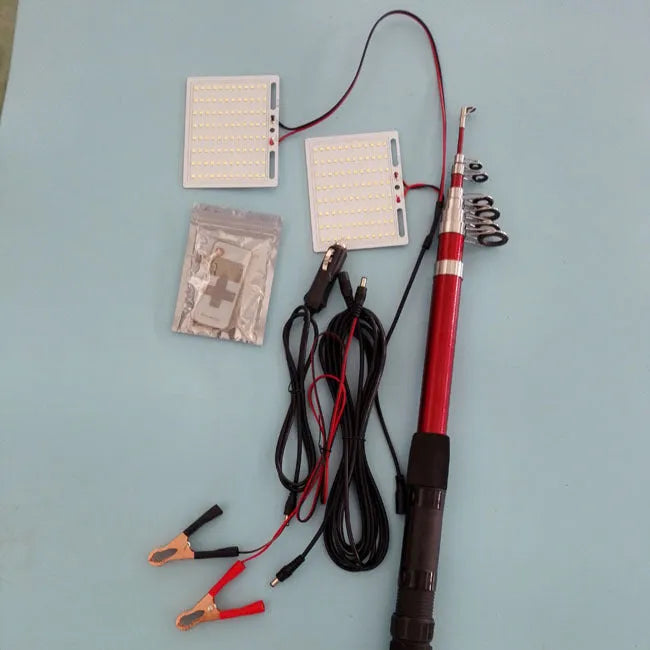 White LED fishing rod light on a telescopic pole with a remote control, dimensions 120 by 95 mm.