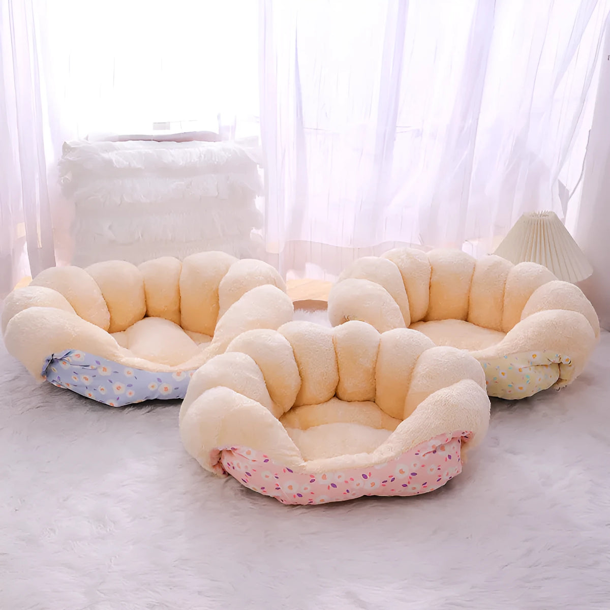 Cloth pet sofa bed for cats and small dogs in floral Pink Small Flower, Small Blue Flowers, or Yellow Small Flower, sizes S and M