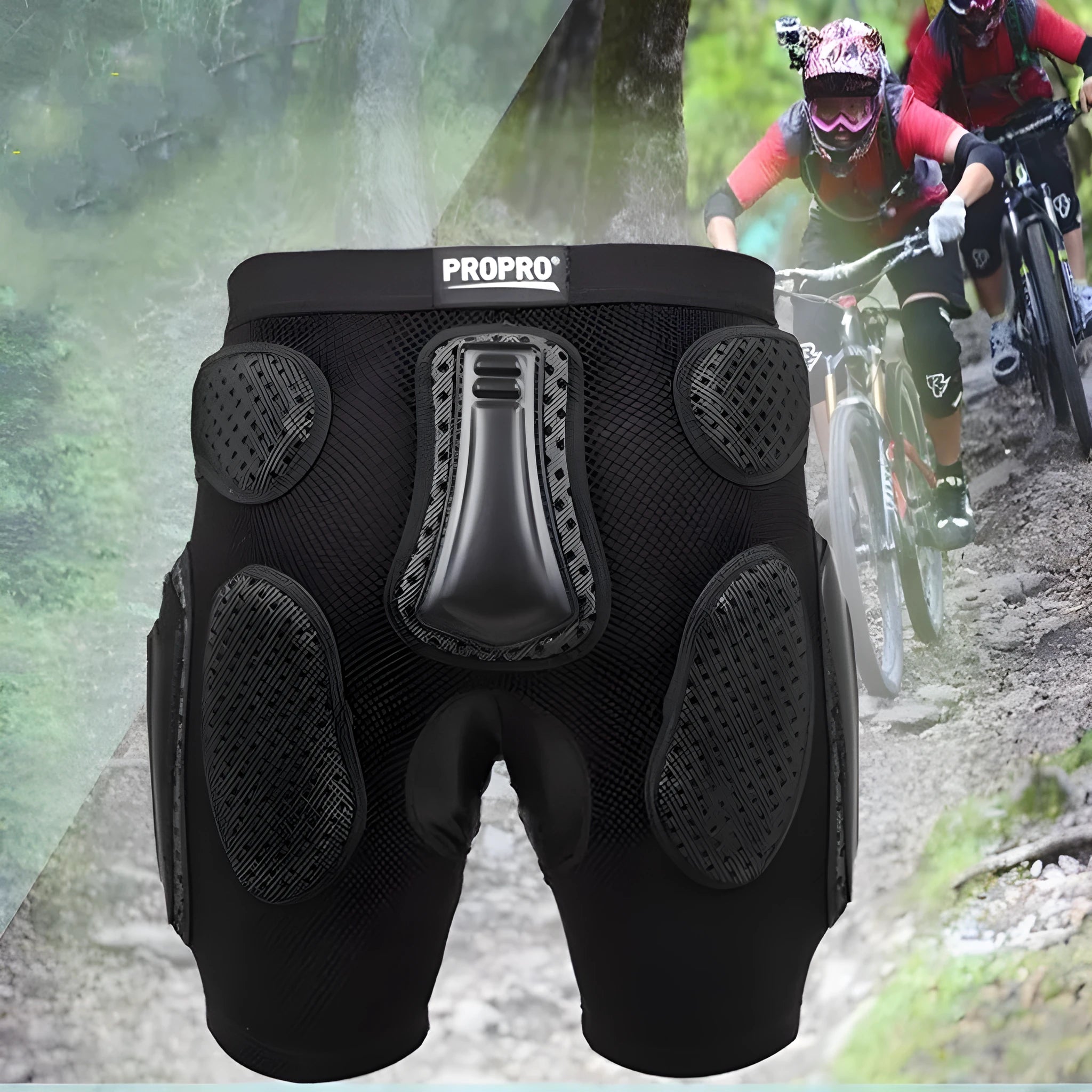 Black cycling multifunctional hip pad protective pants showing the hip protection area.