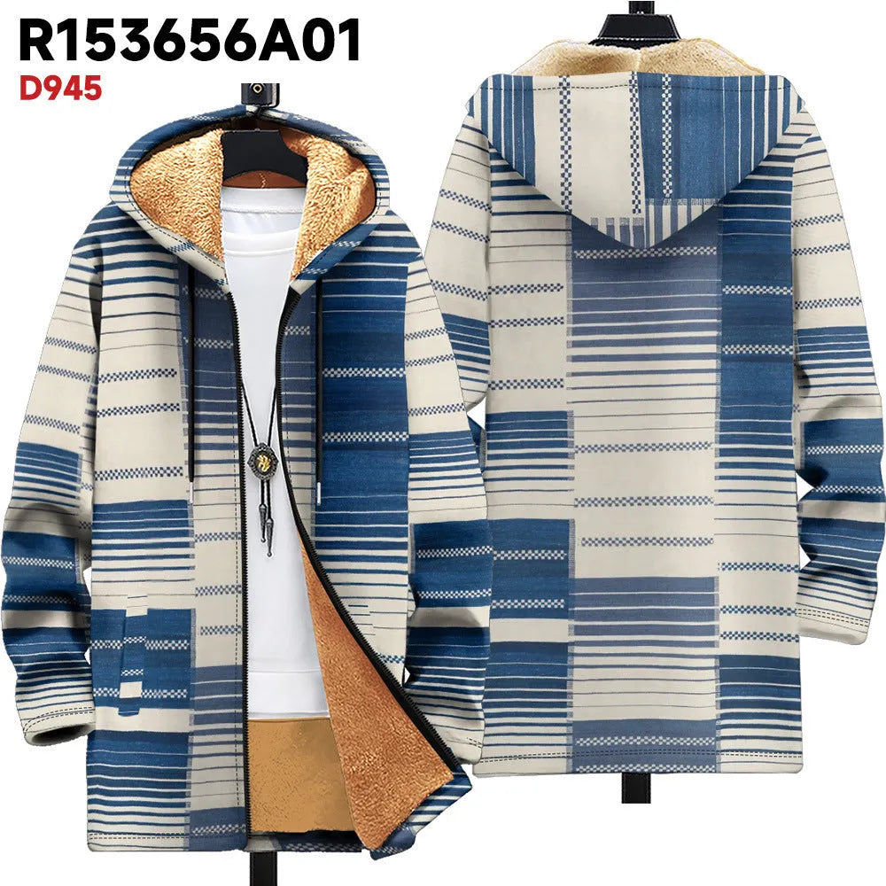 Man wearing a multicolour digitally printed hooded cardigan with a front zipper in a loose fit.