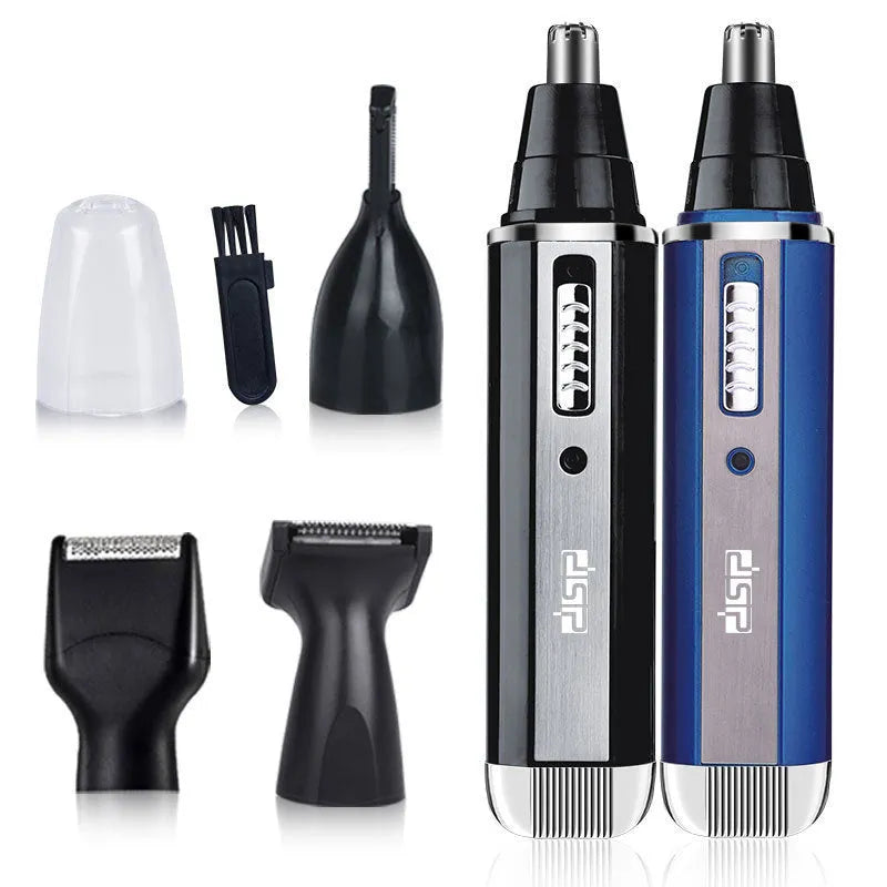 A blue, black, or silver coloured electric shaver and multi-trimmer for facial hair, sideburns, and nose hair.
