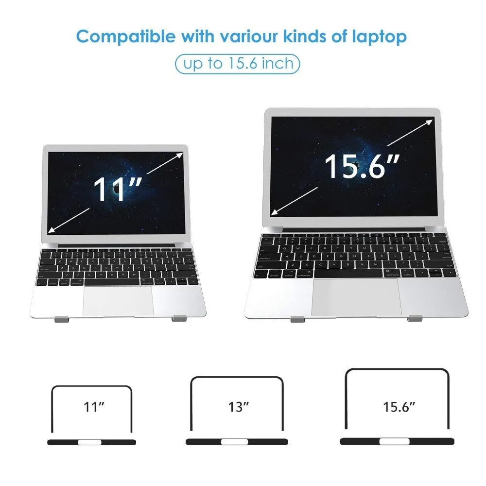 Black aluminium adjustable notebook stand for laptops on a desk.
