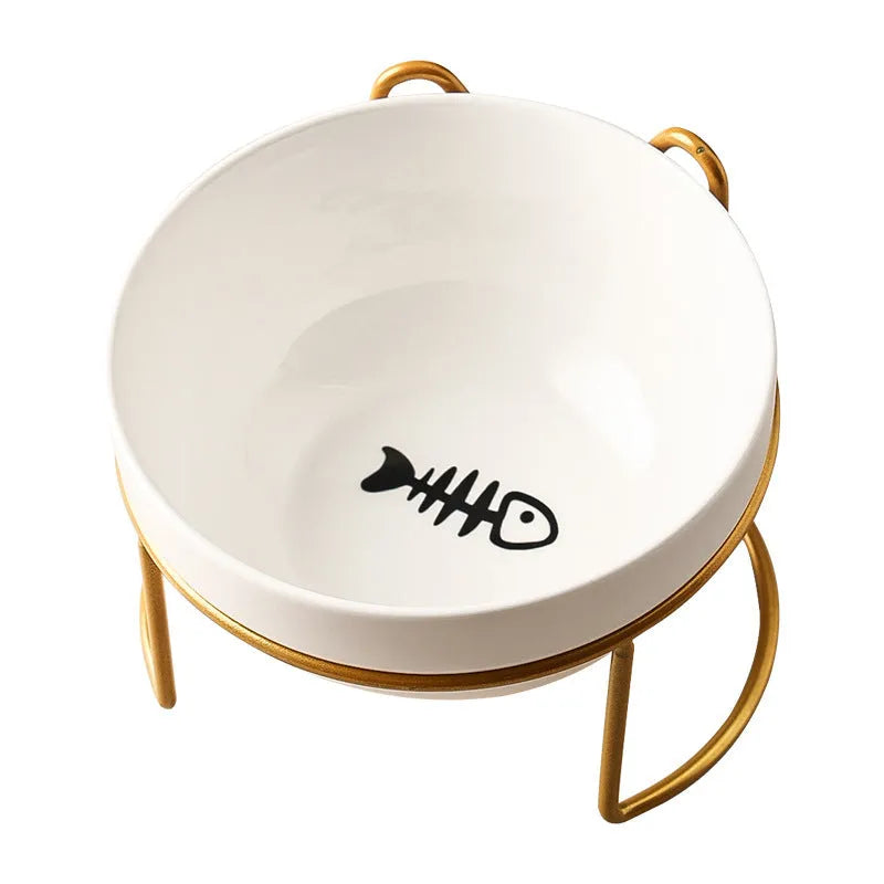 Ceramic cat bowl in an iron frame, showing cat paw print and fishbone pattern options