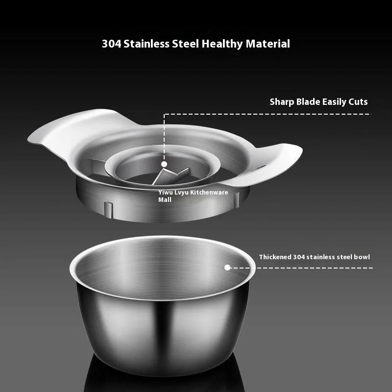 Stainless steel pomegranate fruit cutter tool with optional bowl and wooden hammer on a kitchen surface.