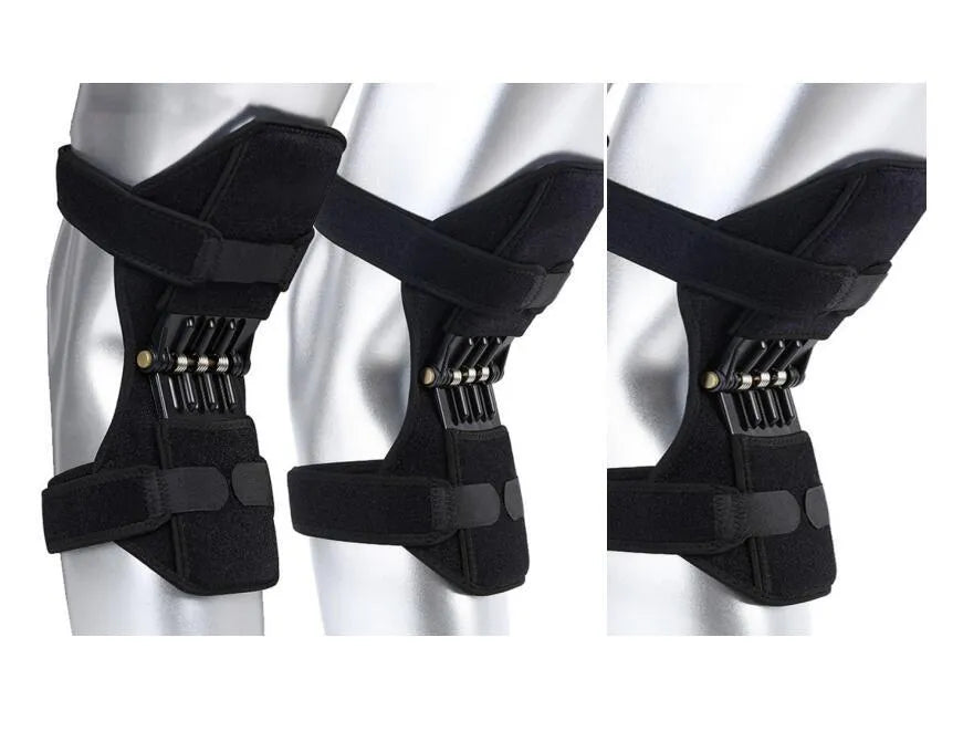 Adjustable spring knee brace support for mountaineering and sports, shown in black with breathable fabric.