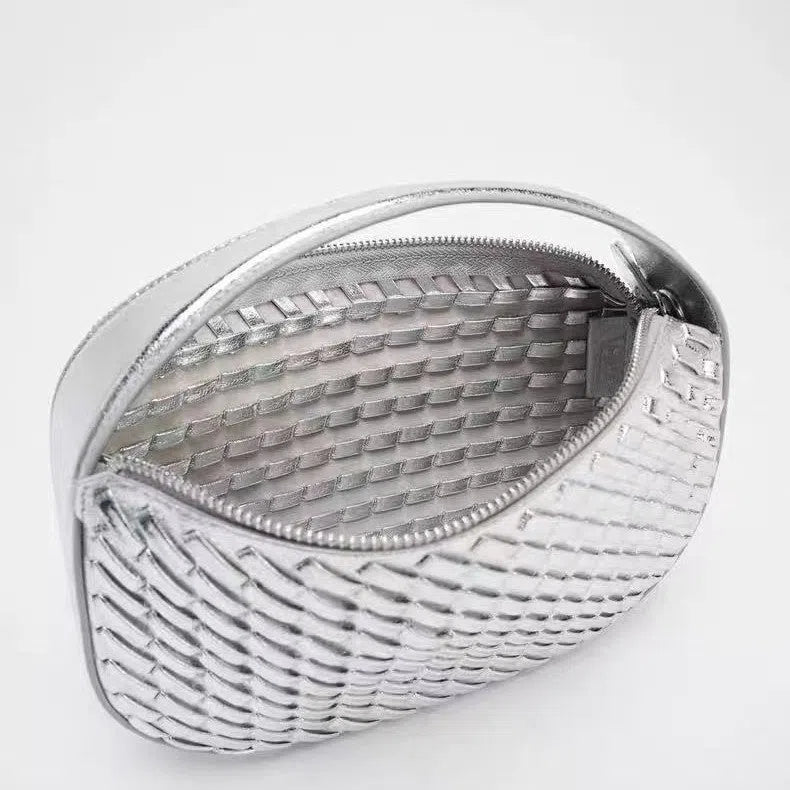 Silver Korean-style PU crossbody shoulder bag with weaving detail horizontal rectangular shape