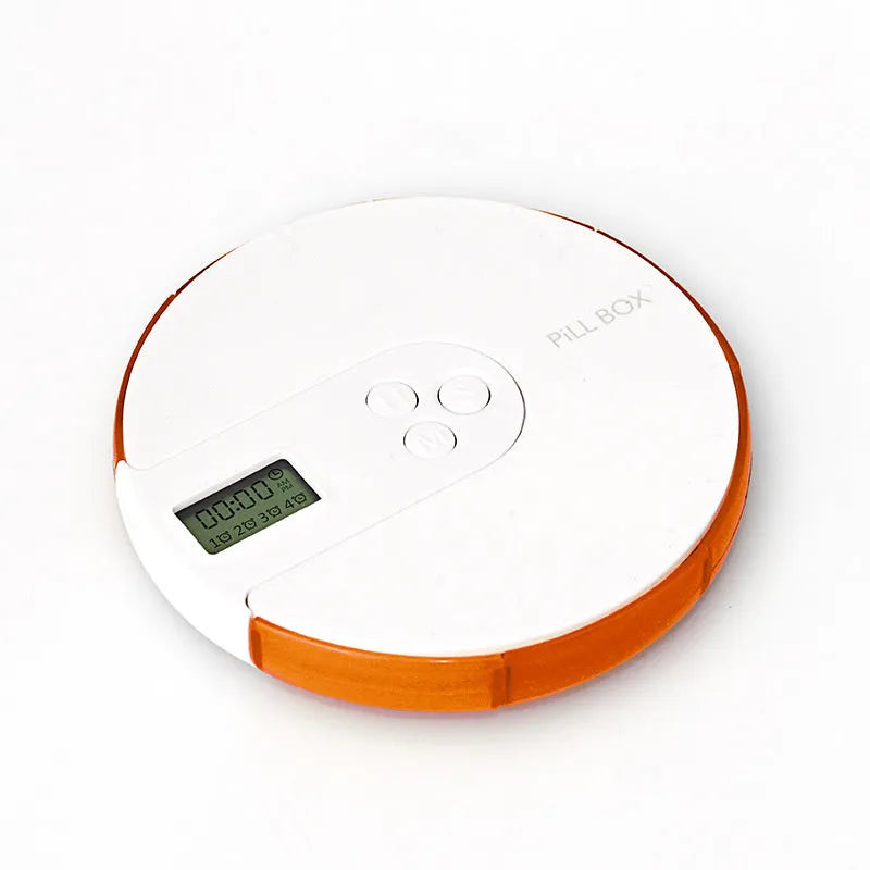 Seven-compartment electronic pill organiser with digital display, shown in blue, measuring 11cm square.
