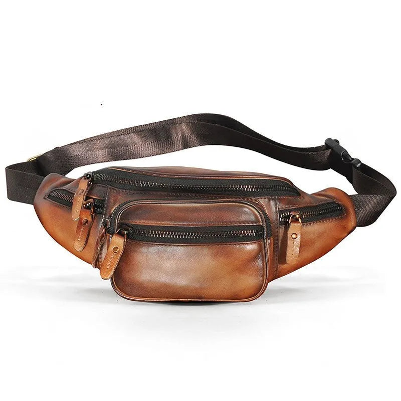 Brown leather shoulder messenger bag with single strap showing interior polyester cotton lining