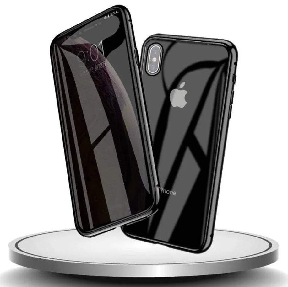 Glass anti-spy clamshell phone case for iPhone in a solid colour on a table.