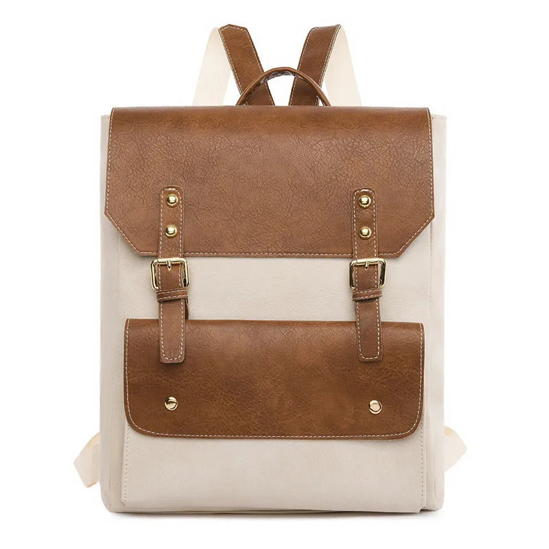 Korean-style soft PU retro backpack in creamy white colour, showing front design