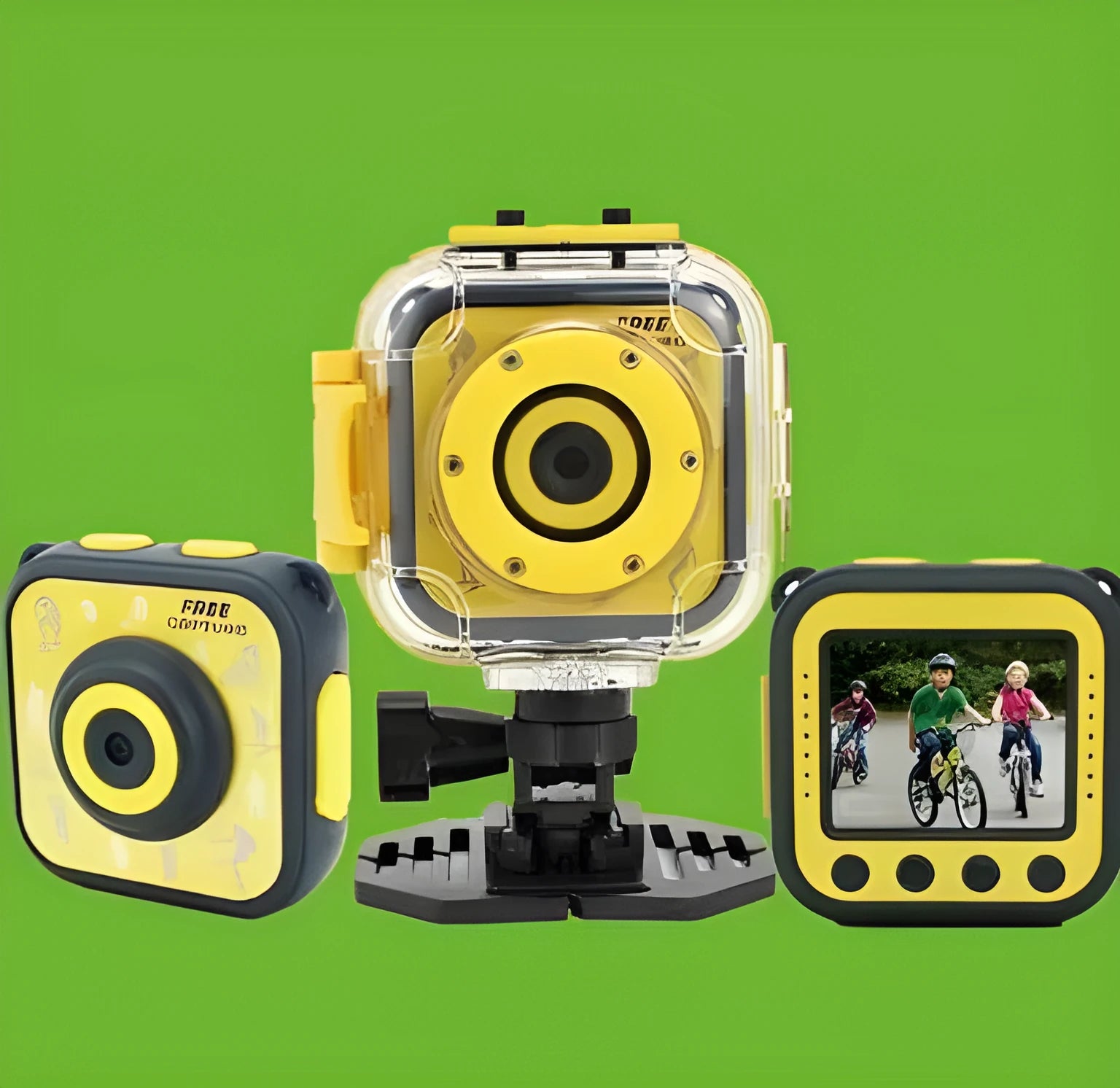 Yellow children's waterproof sports camera with 1.77-inch screen showing 720p HD video recording capability