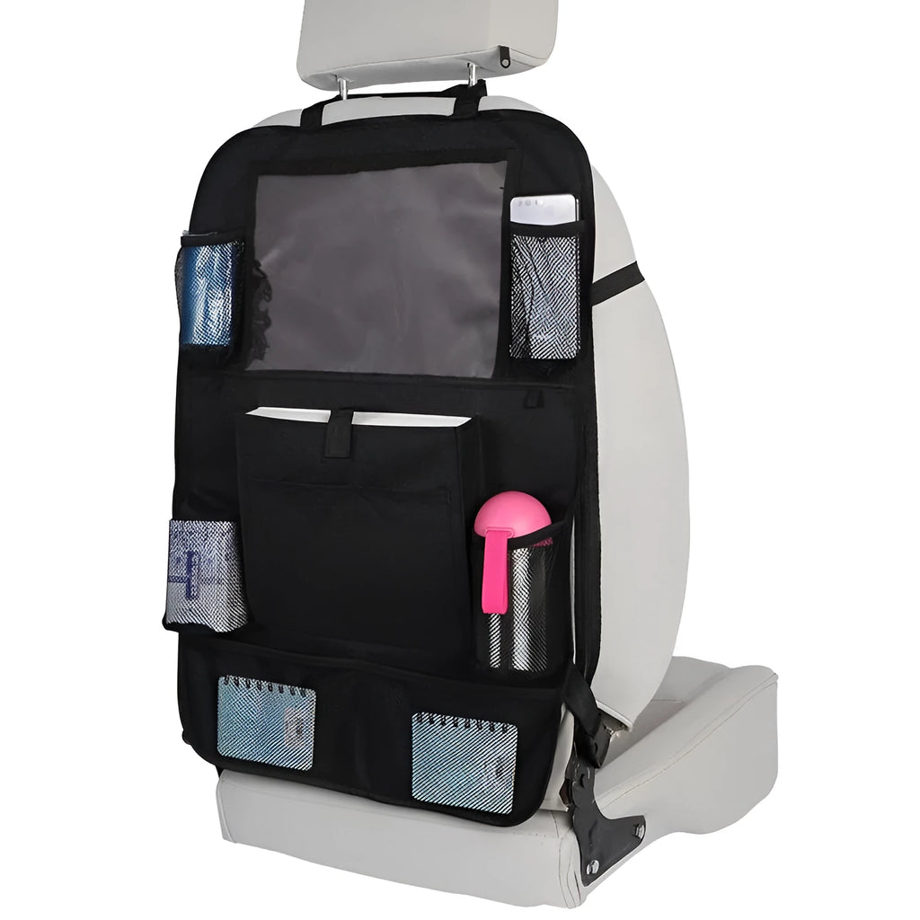 Two-pack car seat back hanging storage bags made from 600D Oxford cloth and mesh, 65 by 45 centimetres, with adjustable buckle fixing and matte leather zipper bags.