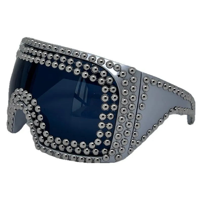 Men's square punk sunglasses with large 145mm frame and silver rivet details on a black background.