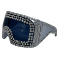 Men's square punk sunglasses with large 145mm frame and silver rivet details on a black background.