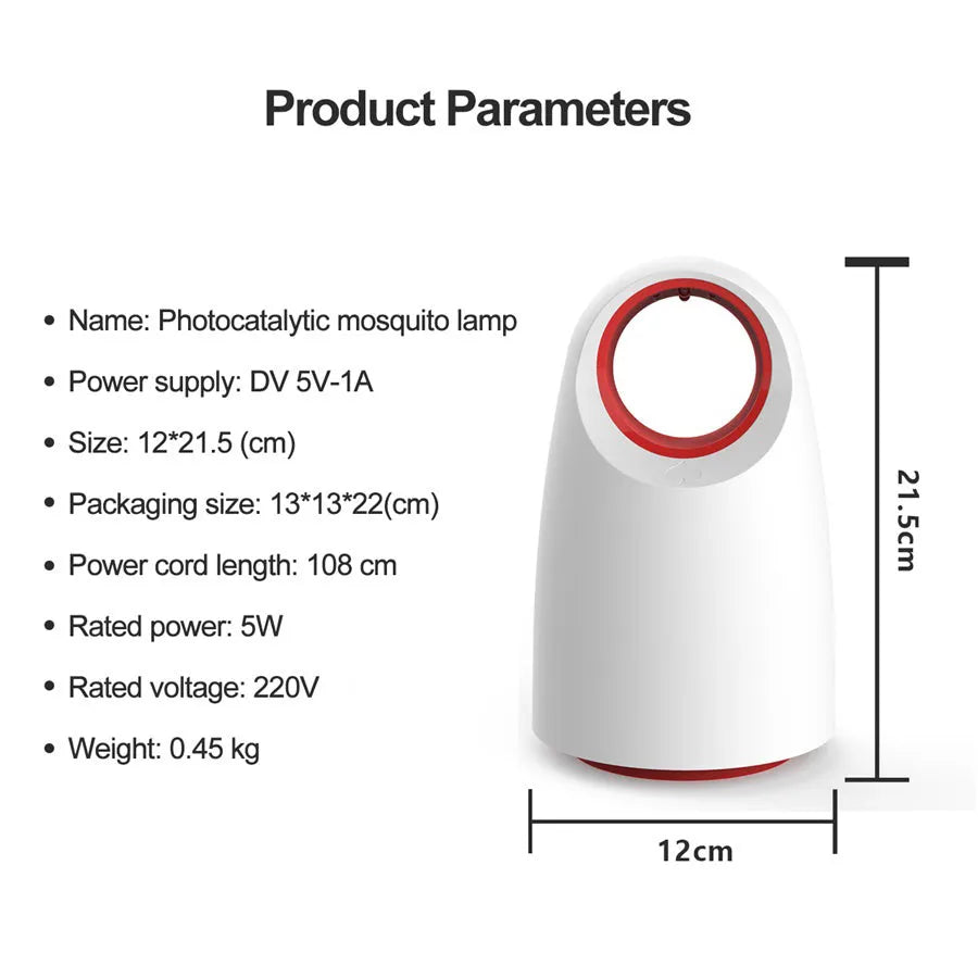 Black or white USB electric mosquito killer lamp with UV light and grid, dimensions 12x12x21.5 cm.
