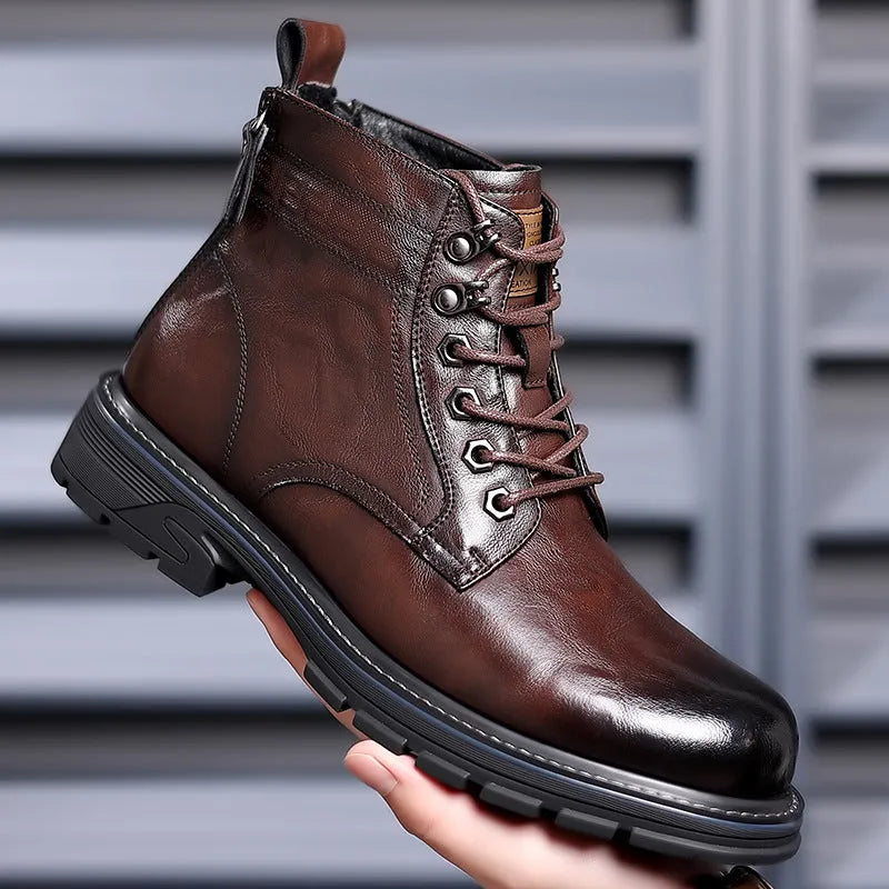 Men's black leather work ankle boots with patent finish and rubber sole for haulage motor environments