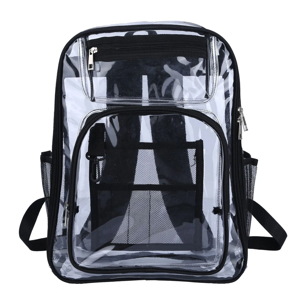 Clear transparent PVC waterproof backpack with a red inner voile bag visible inside.